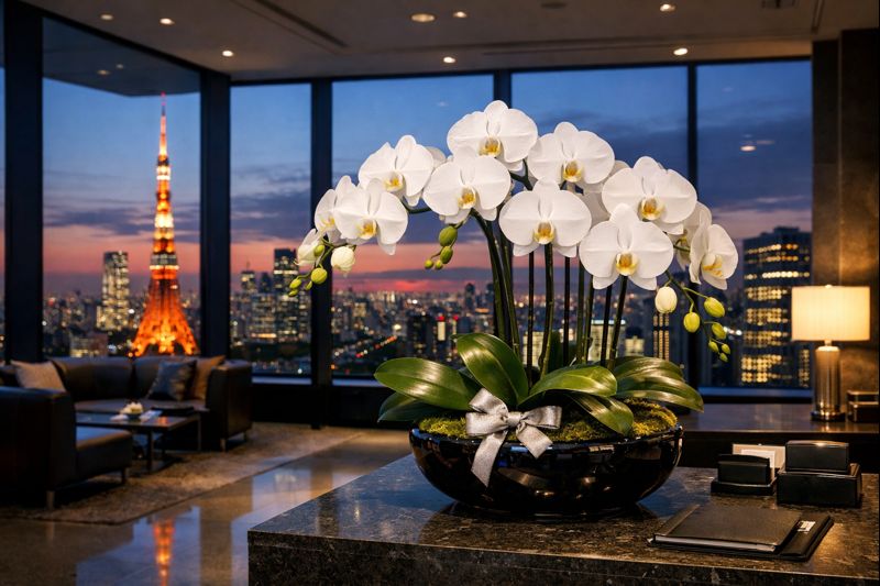 港区虎ノ門・赤坂のトップ企業へ贈る最高級胡蝶蘭。社長就任祝いにふさわしい圧倒的な存在感と、都市の景観に調和する品格。