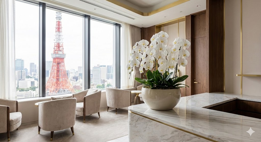 東京タワーを望む港区の高級クリニック。大理石の受付カウンターには、開院祝いとして贈られた最高級の7本立ち胡蝶蘭が飾られている。洗練された空間。