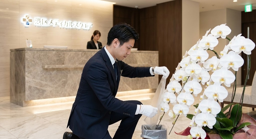 東京・港区のクリニックで、白手袋をしたプロの配送員が胡蝶蘭の設置と清掃を完璧に行っている風景。