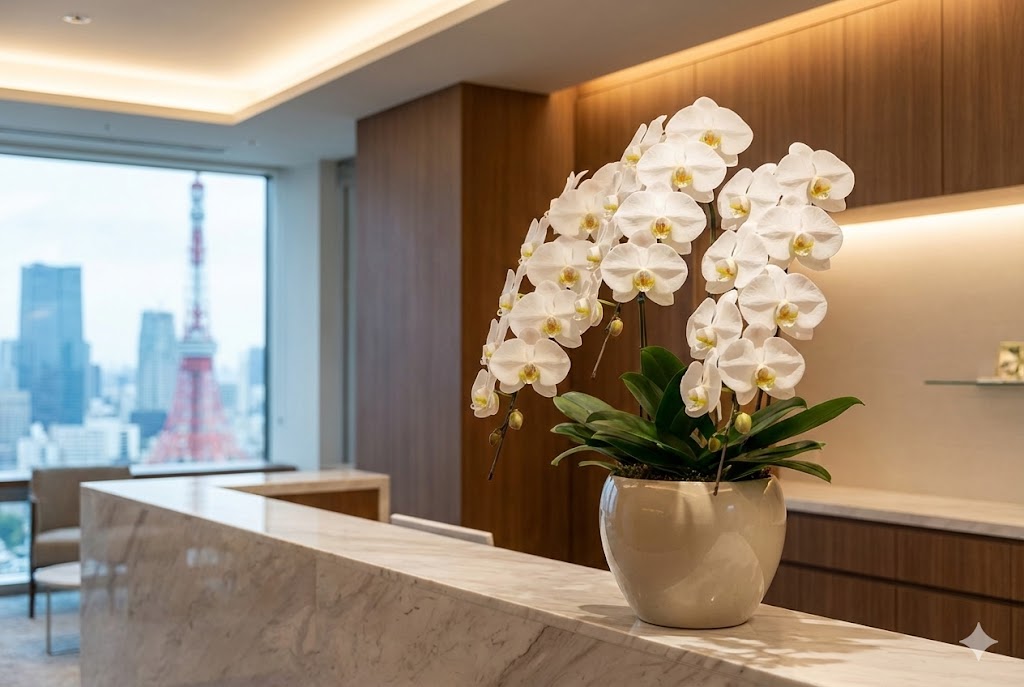 港区の高層ビルを背景に、圧倒的な品格を放つ最高品質の胡蝶蘭。開院祝いに相応しい清潔感と豪華さ。