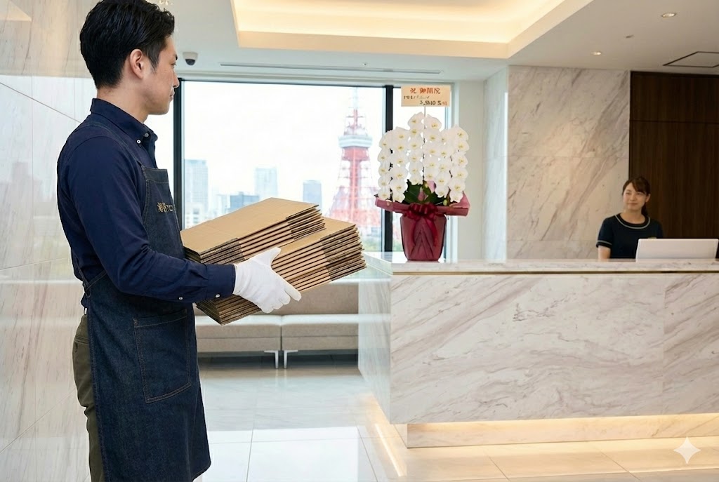 港区の法人向け胡蝶蘭配送。注文から設置、後処理まで一貫してサポートするプレミアムサービスの案内。