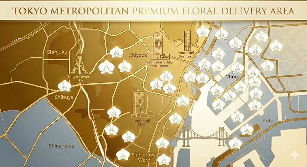 東京都港区の地図を背景にした胡蝶蘭の配送エリアイメージ。赤坂、虎ノ門、六本木など全域に対応。