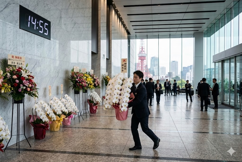 東京タワーを望む港区の大企業エントランスロビーで、14時55分に白い胡蝶蘭を急いで納品するスーツ姿の男性。周囲には多数の祝い花が並び、ビジネスにおける即日手配の様子を捉えている。
