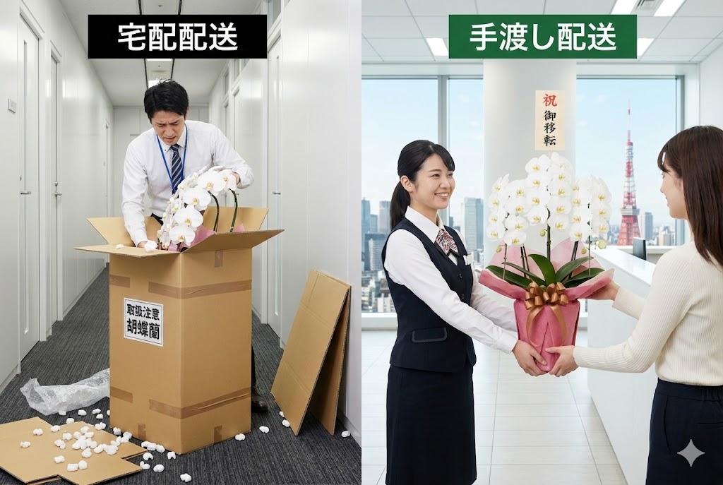 【胡蝶蘭の配送方法比較】港区のオフィスにて、宅配便で届いた大きな段ボールと梱包材の片付けに苦労する様子と、花屋のスタッフが直接手渡しで納品し、すぐに飾れるスムーズな様子の対比画像。