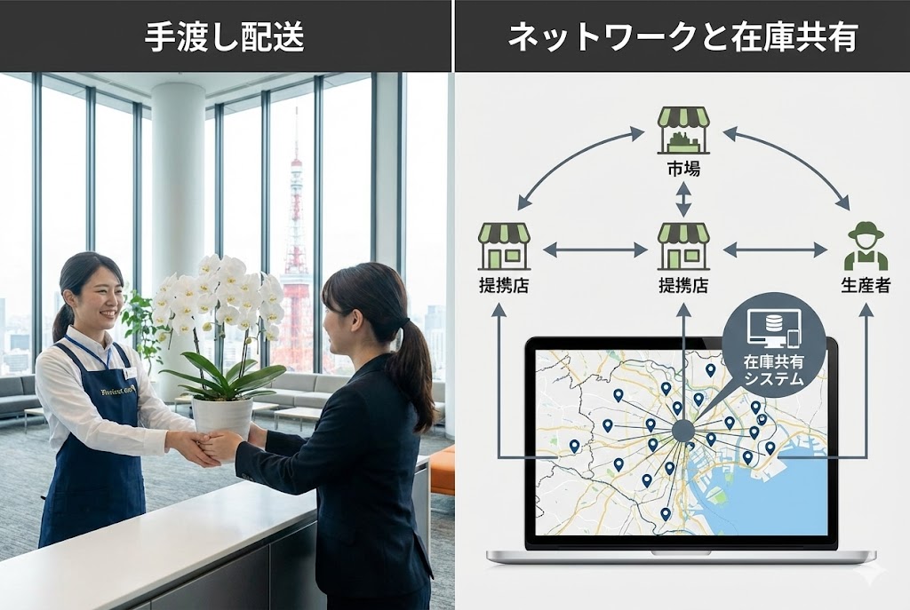 【港区の胡蝶蘭即日配送】東京タワーを望むオフィスでの「手渡し配送」の様子（左）と、市場・提携店・生産者をつなぐ「ネットワークと在庫共有システム」の仕組み図解（右）。都心に近い拠点と情報共有により、急ぎの注文にもスムーズに対応する体制を示している。