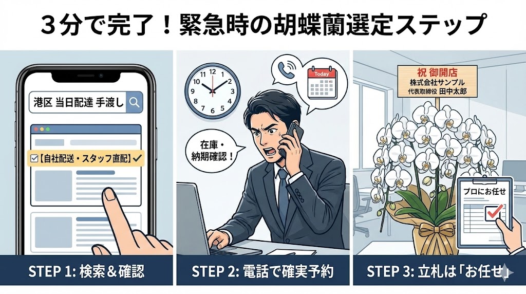 【図解】3分で完了する緊急時の胡蝶蘭選定3ステップ。STEP1で「港区 当日配達 手渡し」と検索し自社配送を確認、STEP2で電話にて在庫・納期を直接確認・予約、STEP3で立札を「プロにお任せ」して迅速に手配する手順を示したイラスト。